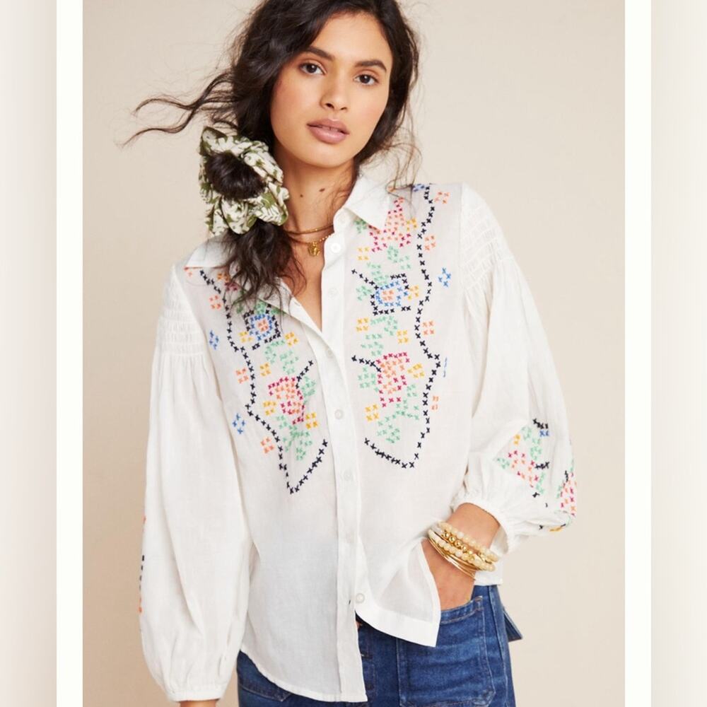 Anthropologie White Embroidered Peasant Blouse with Pastel Floral Accents
